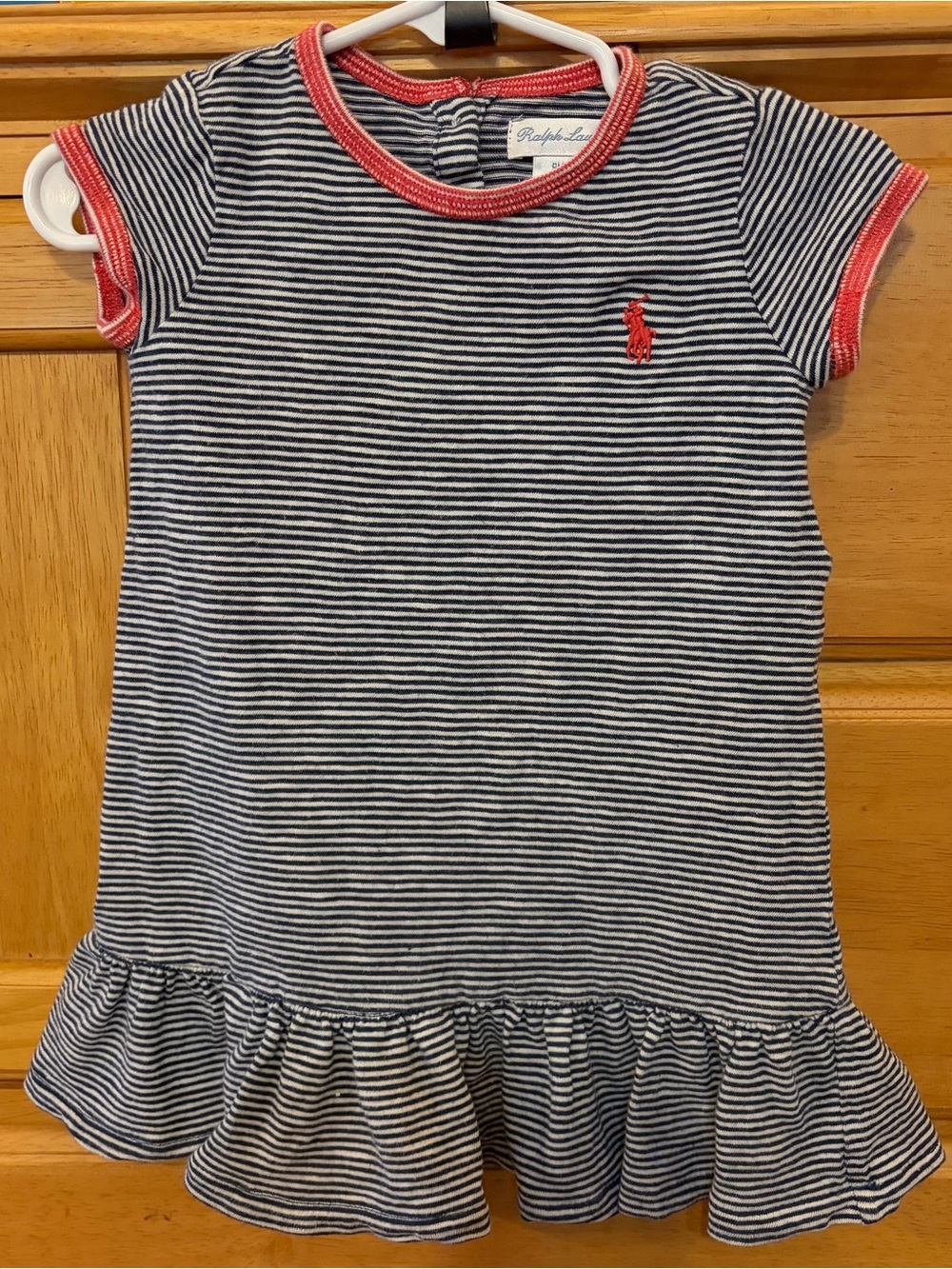 Ralph Lauren Girl's Cotton Knit Blue and White Striped w/Red Trim Size 9 months